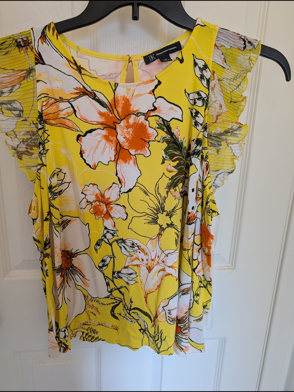 INC International Concepts Yellow Floral Ruffle-Sleeve Top